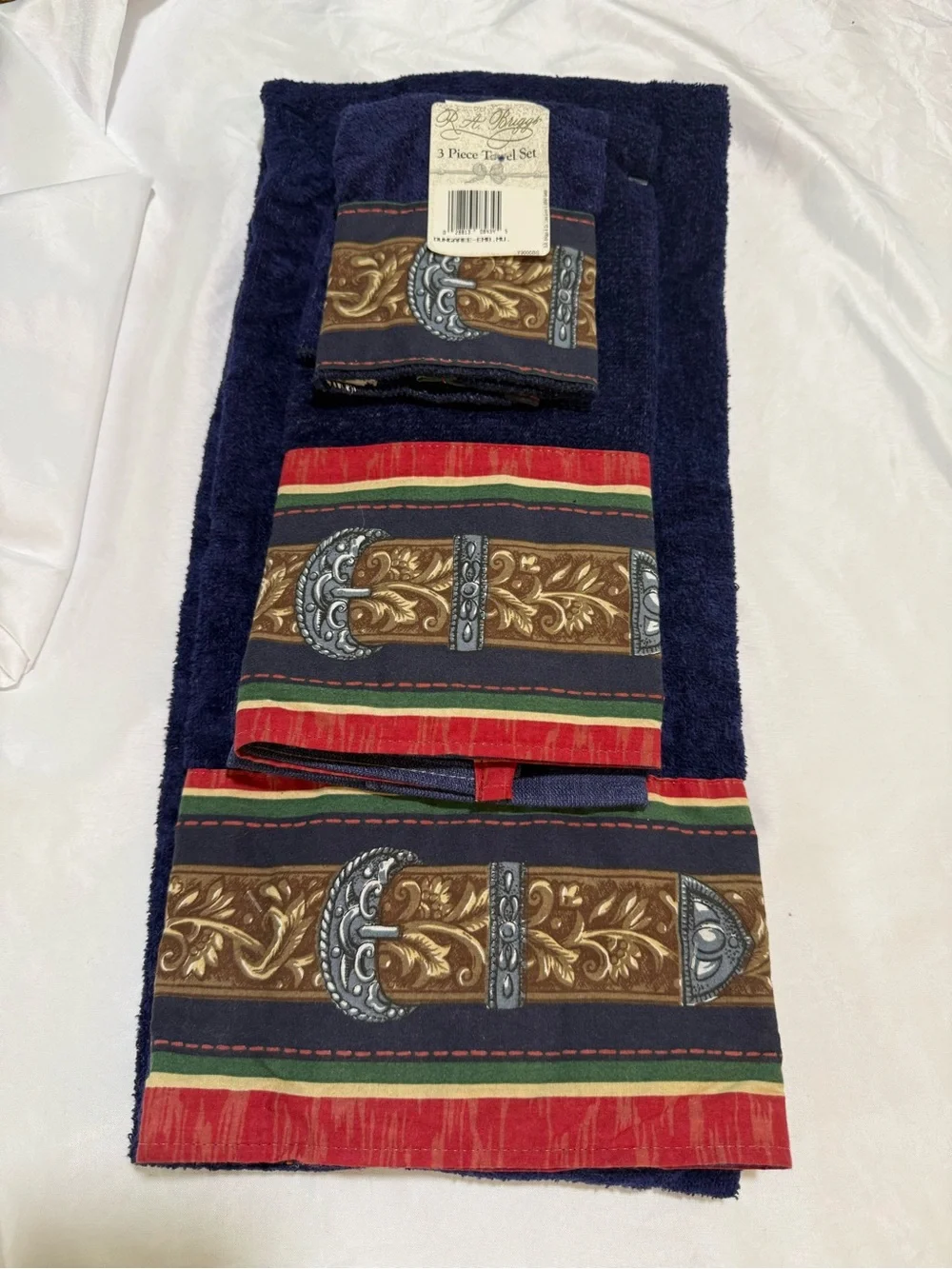 Briggs New York Navy Towel Set with Brown, Red and Green Stripe Accents